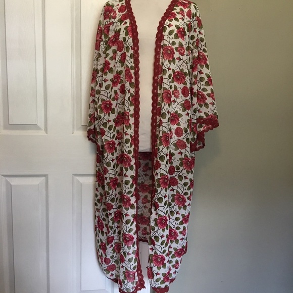 LuLaRoe Red and White Floral Duster Robe Intimates Sleepwear - Picture 1 of 7